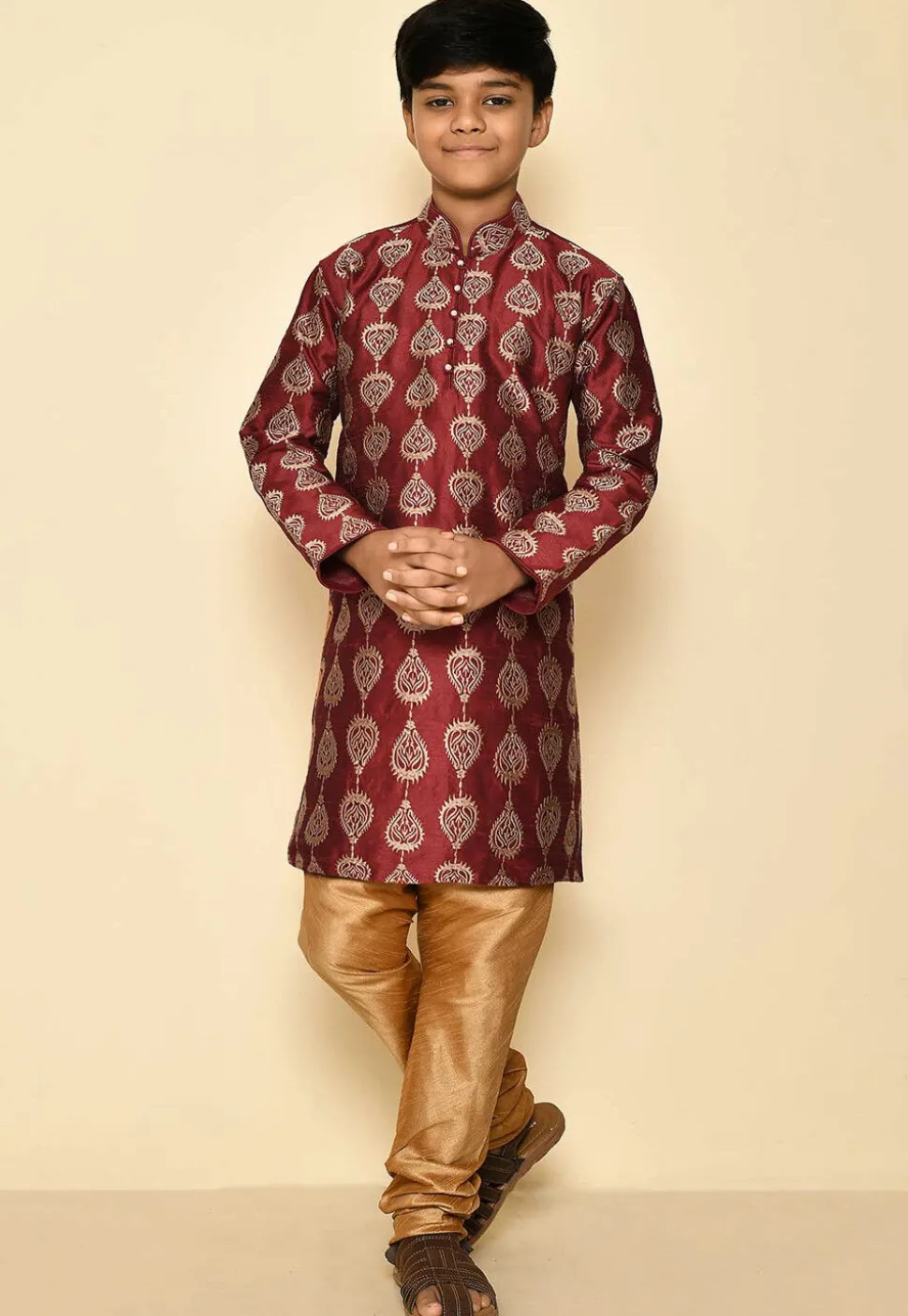 Embroidered Dupion Silk Kurta Set in Maroon