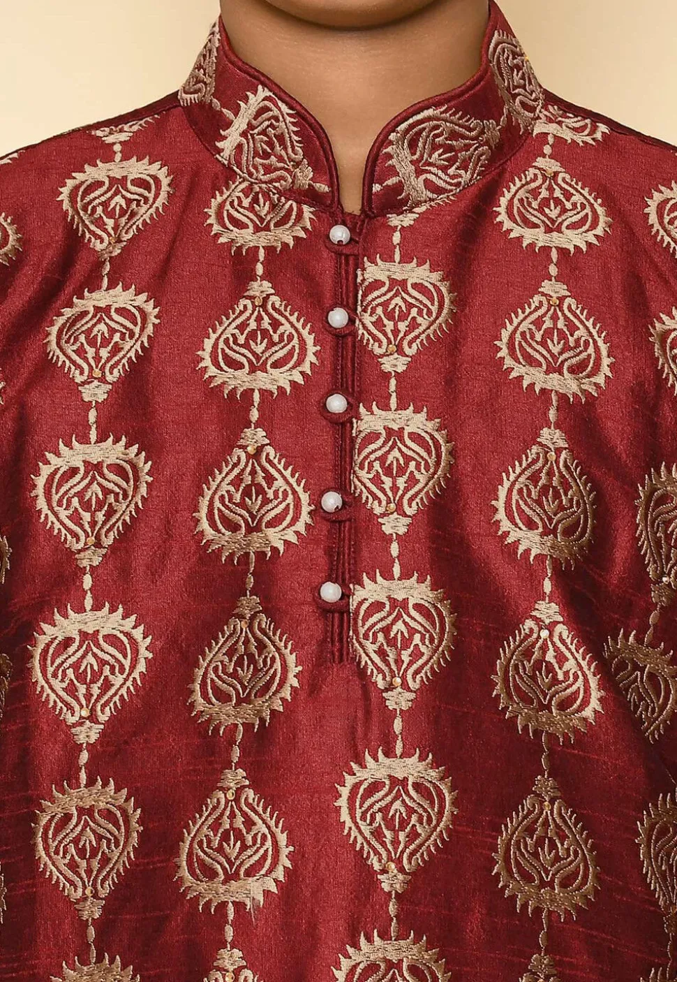 Embroidered Dupion Silk Kurta Set in Maroon