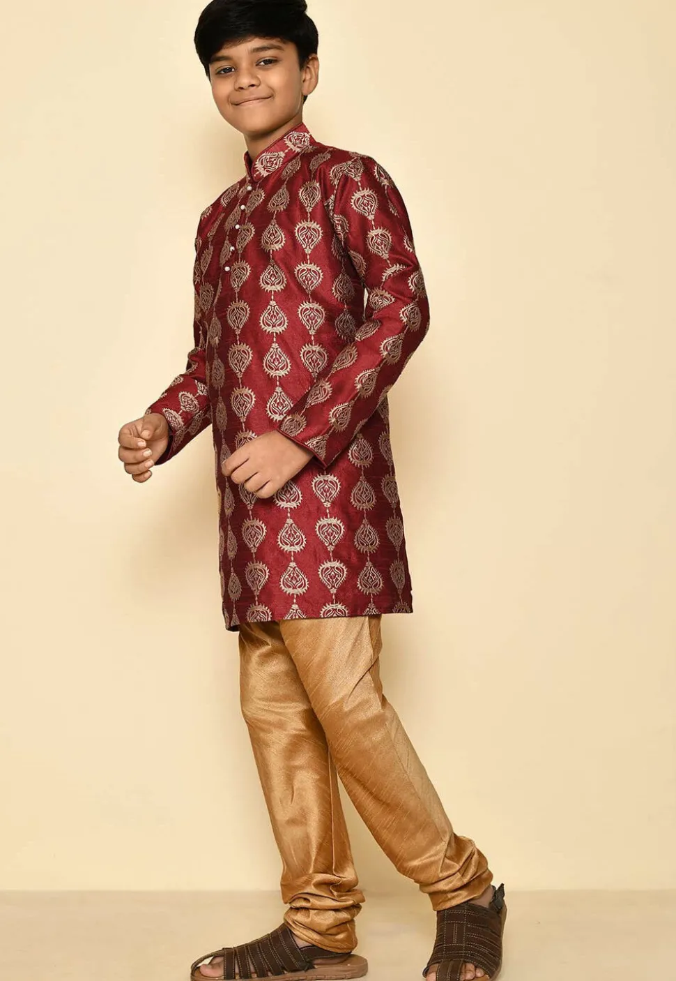 Embroidered Dupion Silk Kurta Set in Maroon