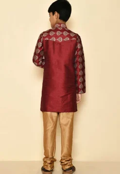 Embroidered Dupion Silk Kurta Set in Maroon