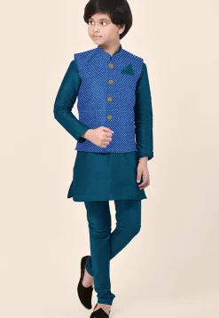 Embroidered Dupion Silk Kurta Set in Teal Blue