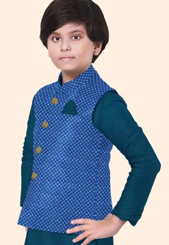 Embroidered Dupion Silk Kurta Set in Teal Blue