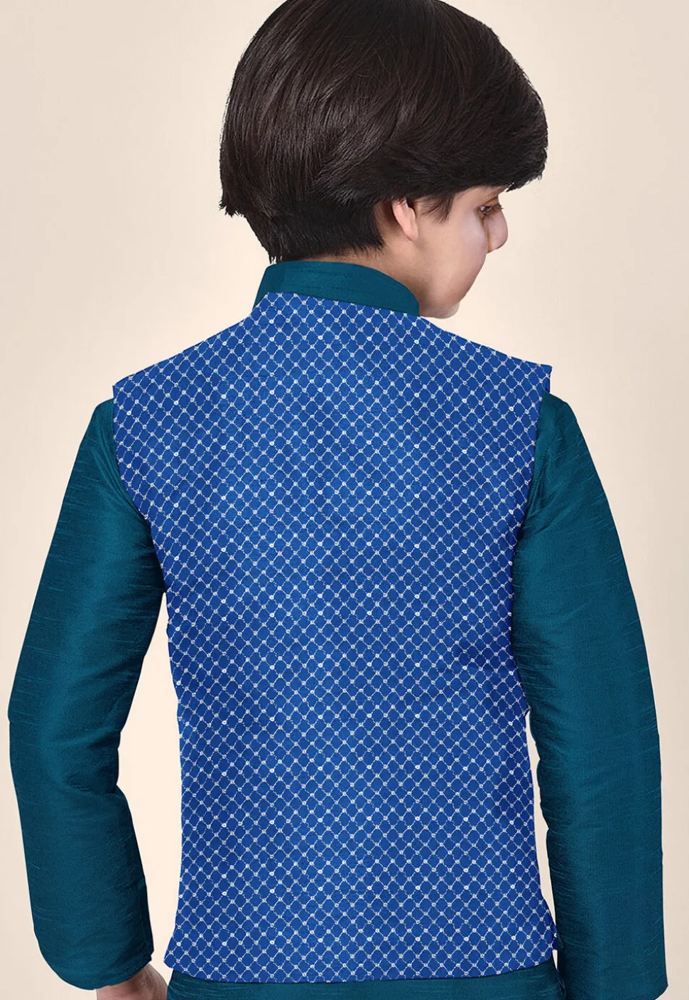Embroidered Dupion Silk Kurta Set in Teal Blue