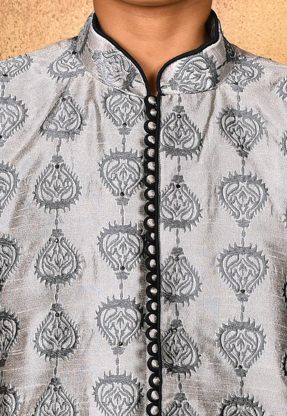 Embroidered Dupion Silk Kurta in Grey