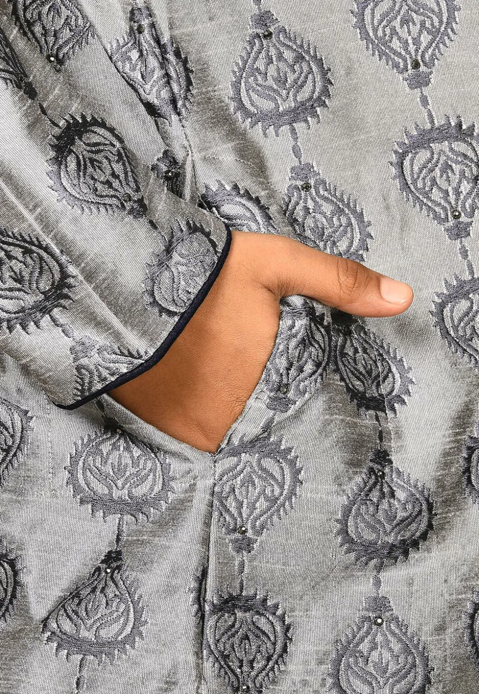 Embroidered Dupion Silk Kurta in Grey
