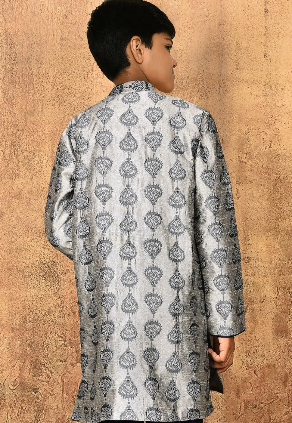 Embroidered Dupion Silk Kurta in Grey