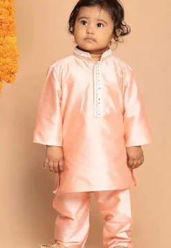 Embroidered Dupion Silk Kurta Set in Peach