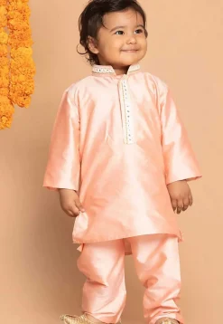 Embroidered Dupion Silk Kurta Set in Peach