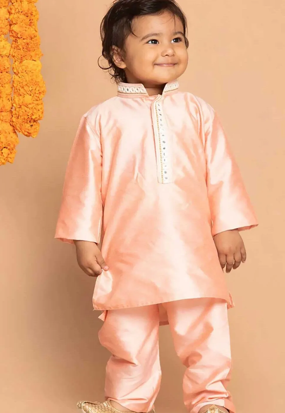 Embroidered Dupion Silk Kurta Set in Peach