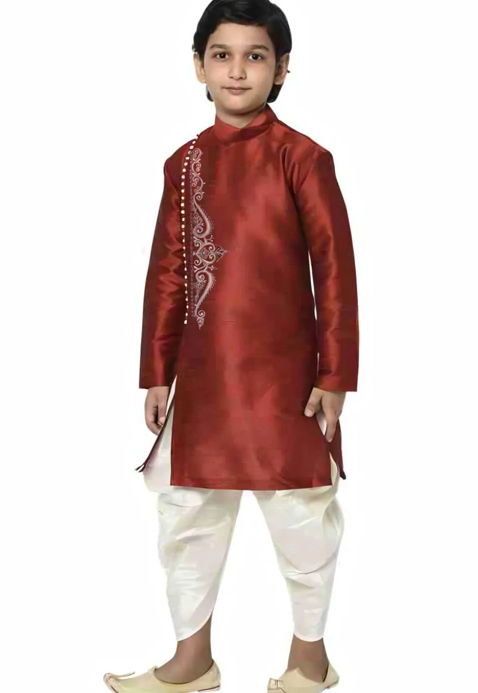 Embroidered Dupion Silk Kurta Set in Maroon