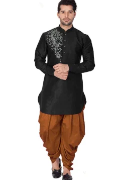 Embroidered Dupion Silk Kurta Set in Black