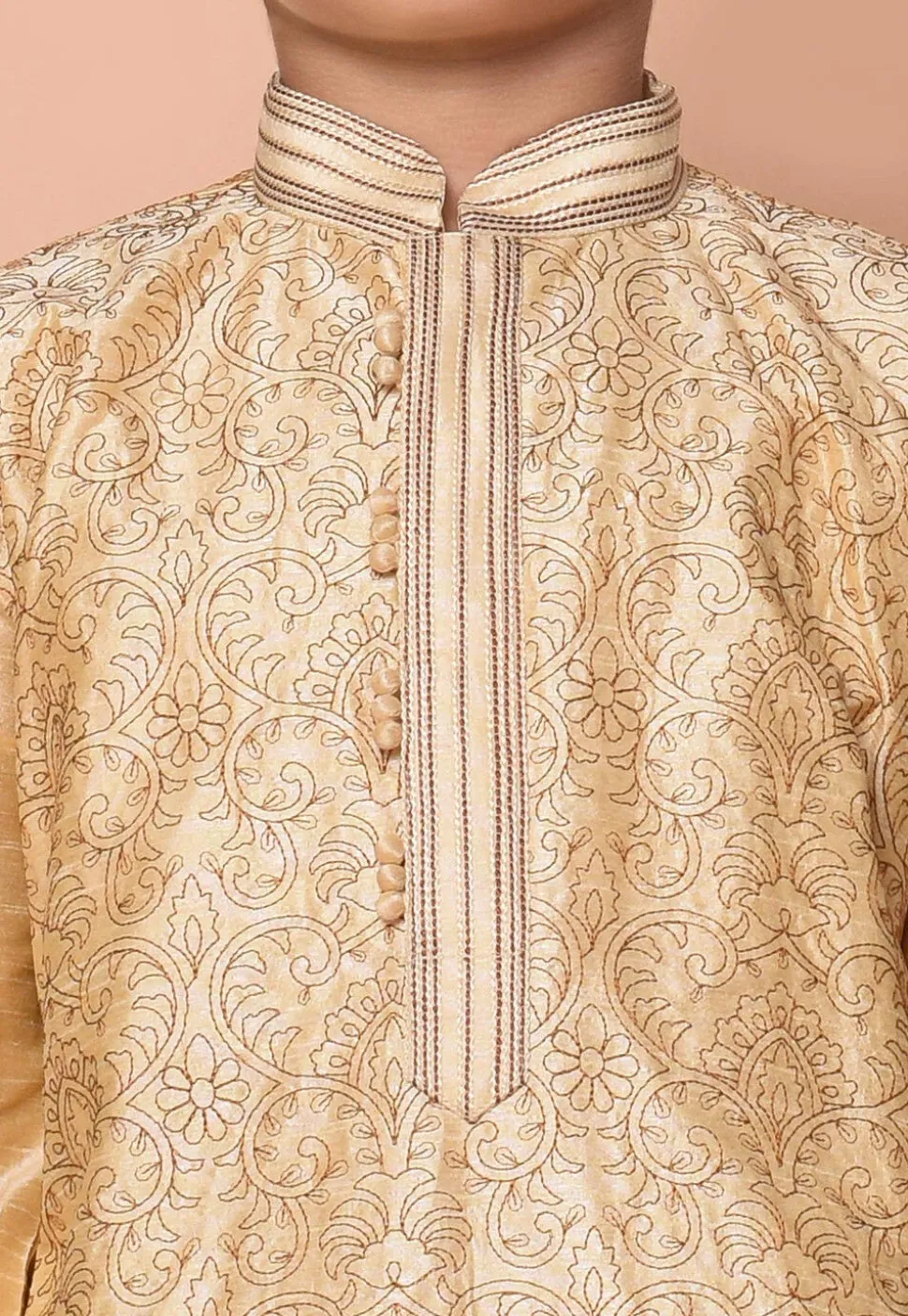 Embroidered Dupion Silk Kurta Set in Fawn