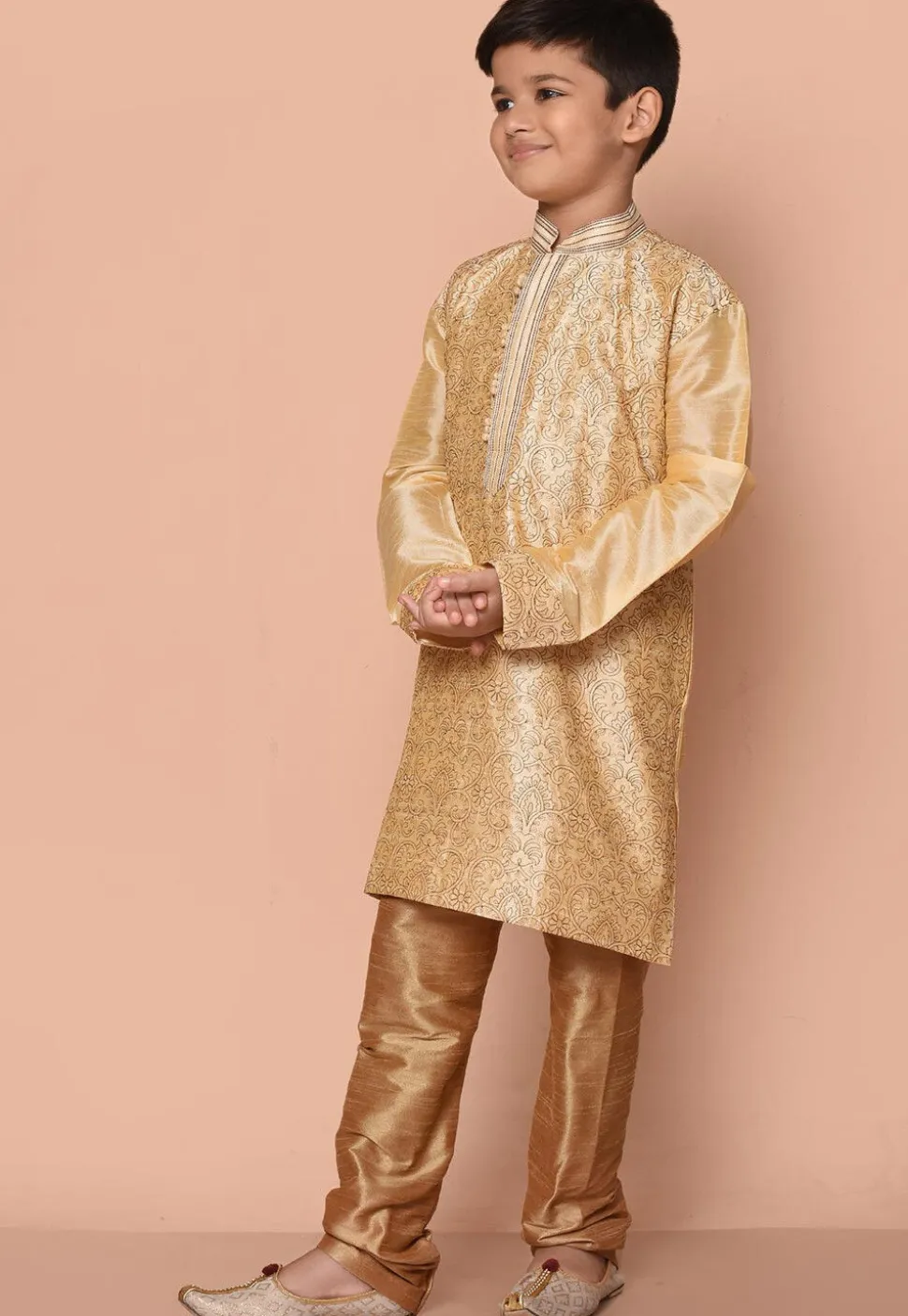Embroidered Dupion Silk Kurta Set in Fawn