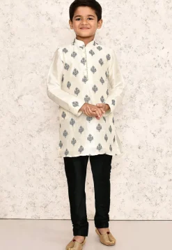 Embroidered Dupion Silk Kurta Set in Off White