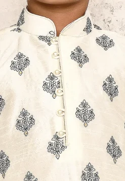 Embroidered Dupion Silk Kurta Set in Off White