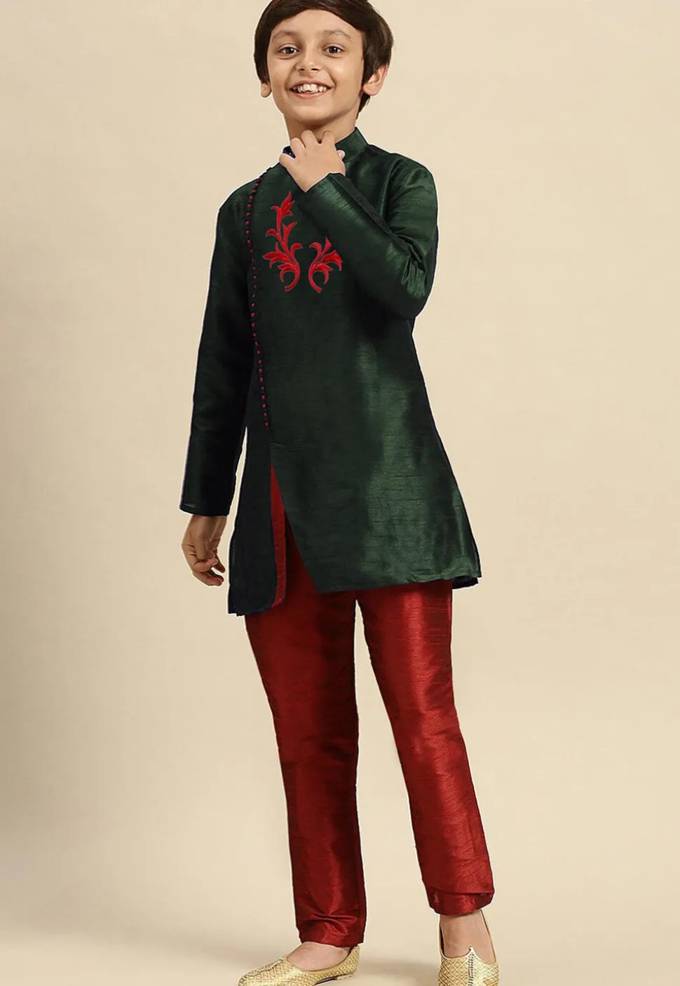 Embroidered Dupion Silk Kurta in Dark Green