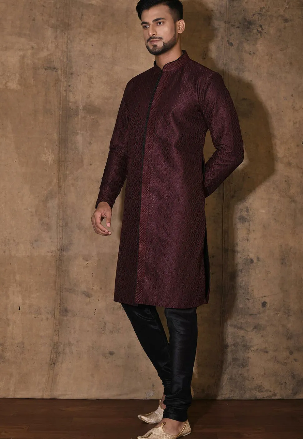 Embroidered Dupion Silk Kurta Set in Wine