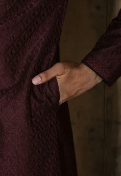 Embroidered Dupion Silk Kurta Set in Wine