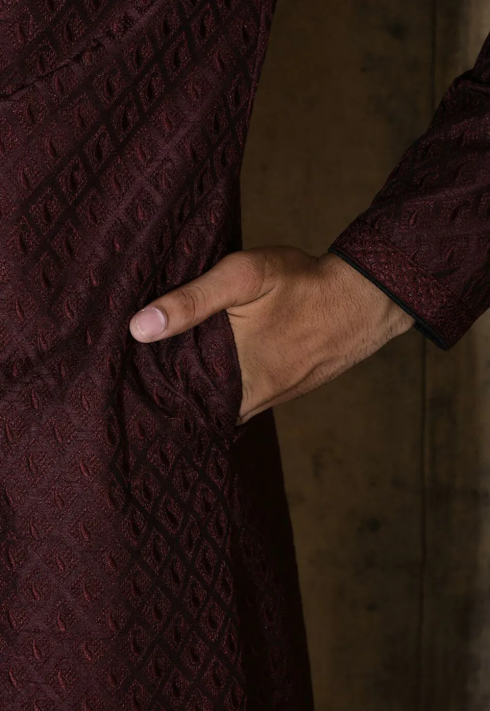 Embroidered Dupion Silk Kurta Set in Wine