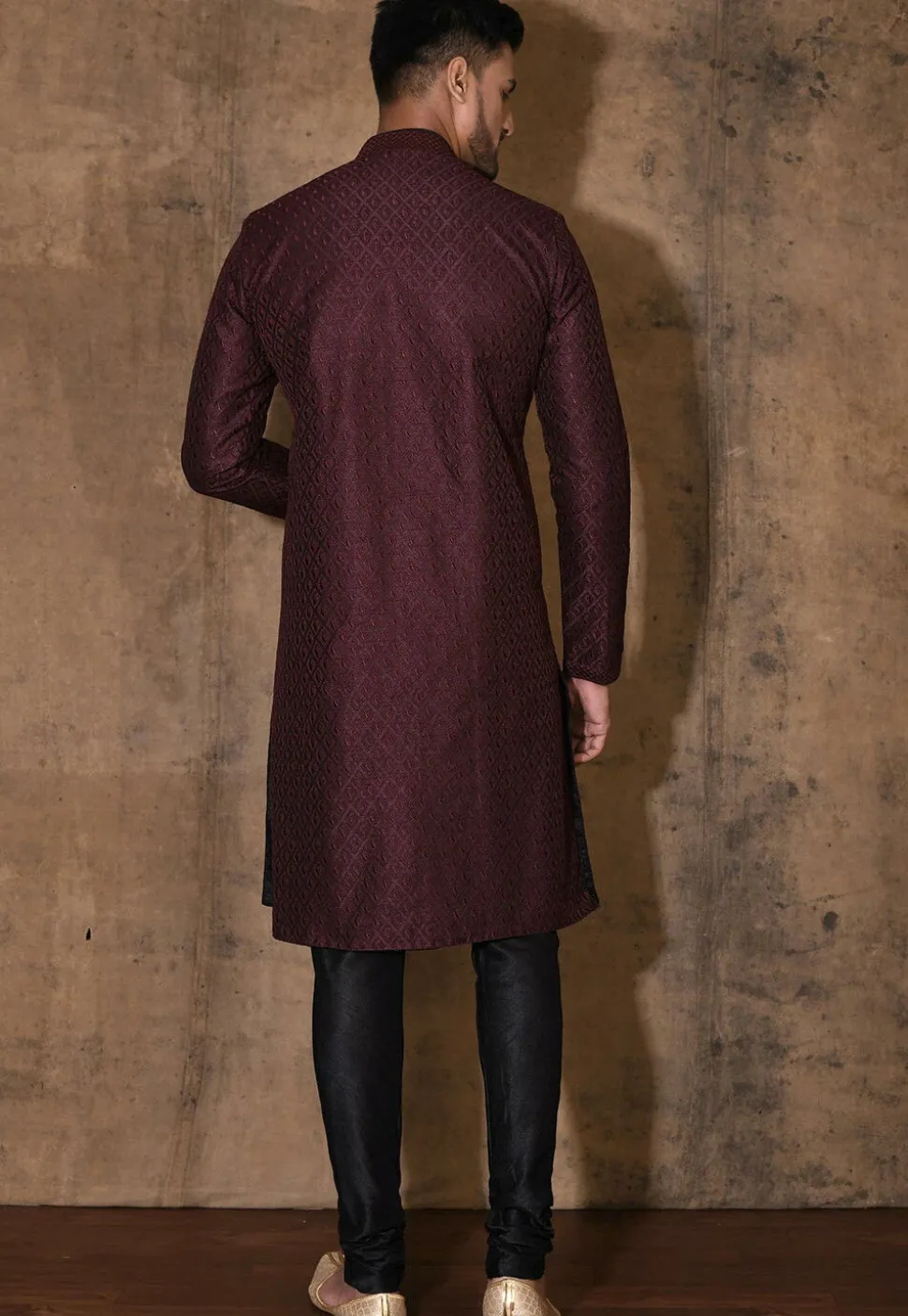 Embroidered Dupion Silk Kurta Set in Wine