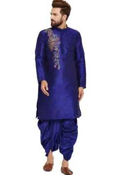 Embroidered Dupion Silk Kurta Set in Royal Blue