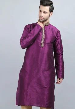 Embroidered Dupion Silk Kurta in Violet