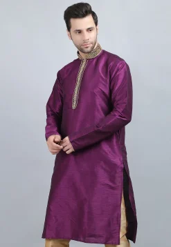 Embroidered Dupion Silk Kurta in Violet