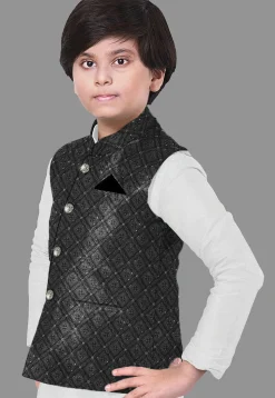 Embroidered Dupion Silk Kurta Set in Off White and Black
