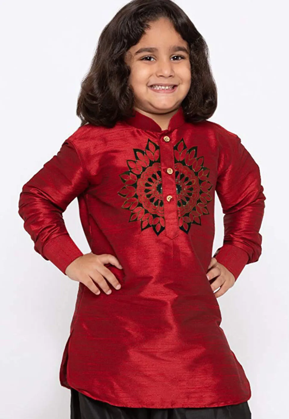 Embroidered Dupion Silk Kurta in Maroon