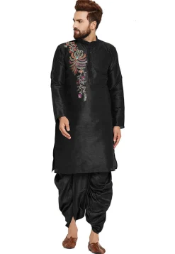 Embroidered Dupion Silk Kurta Set in Black
