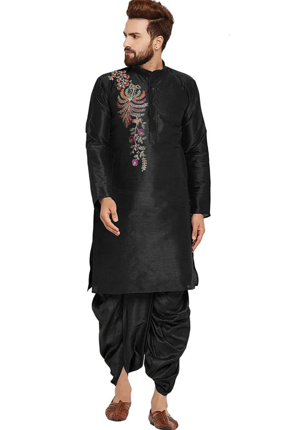 Embroidered Dupion Silk Kurta Set in Black