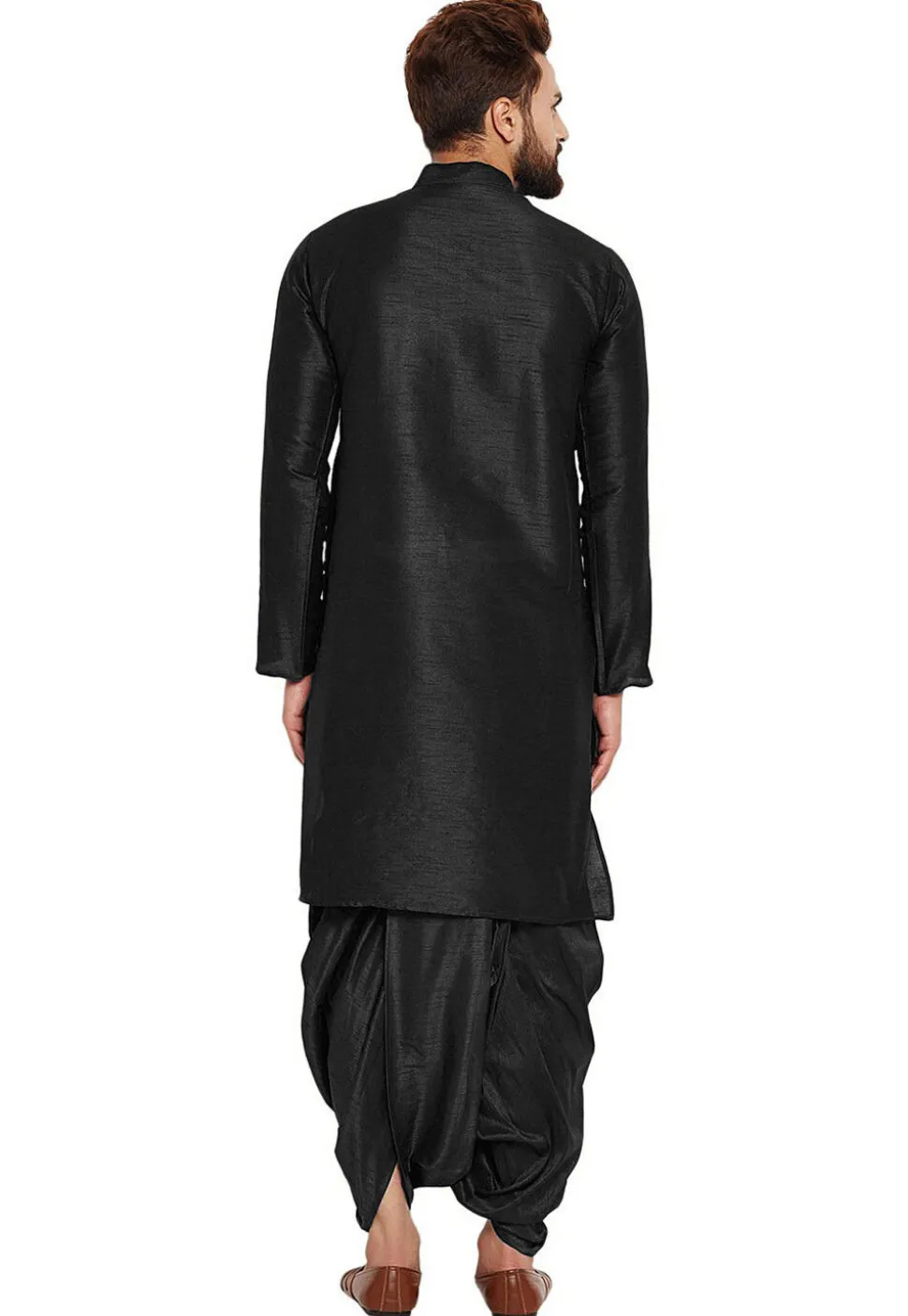Embroidered Dupion Silk Kurta Set in Black