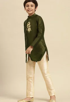 Embroidered Dupion Silk Kurta Set in Olive Green