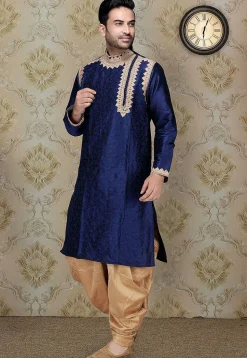 Embroidered Dupion Silk Kurta in Navy Blue