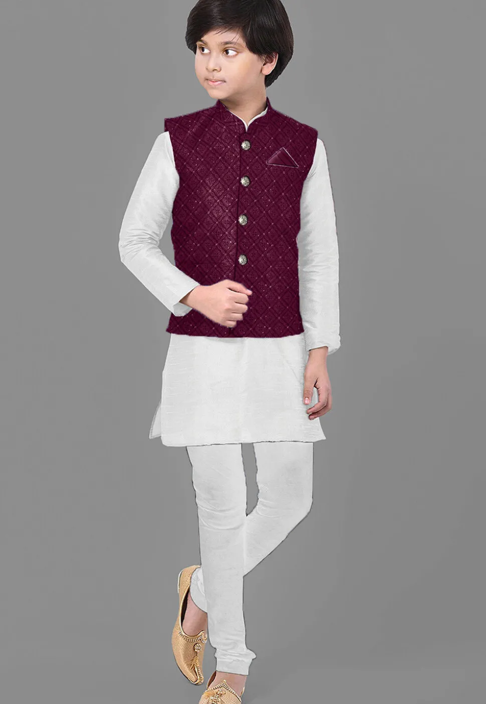 Embroidered Dupion Silk Kurta Set in Off White