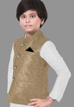 Embroidered Dupion Silk Kurta Set in Off White and Dark Beige