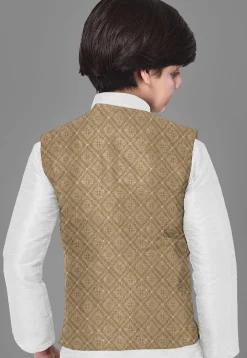 Embroidered Dupion Silk Kurta Set in Off White and Dark Beige