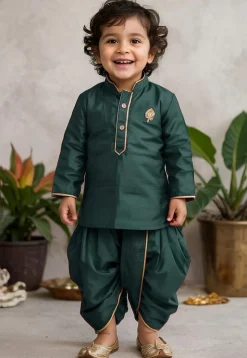 Embroidered Dupion Silk Kurta Set in Dark Green