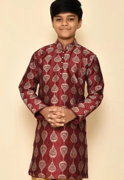 Embroidered Dupion Silk Kurta in Maroon
