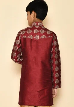 Embroidered Dupion Silk Kurta in Maroon