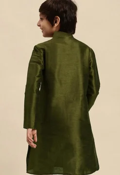 Embroidered Dupion Silk Kurta in Olive Green