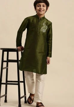 Embroidered Dupion Silk Kurta in Olive Green