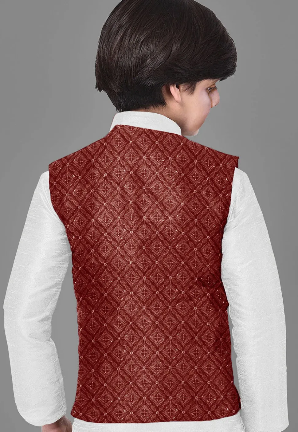 Embroidered Dupion Silk Kurta Set in Off White and Maroon