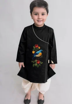 Embroidered Dupion Silk Kurta Set in Black