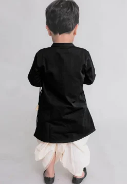 Embroidered Dupion Silk Kurta Set in Black