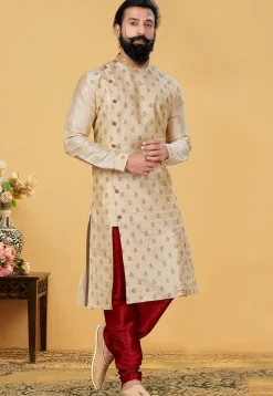 Embroidered Dupion Silk Kurta in Light Beige