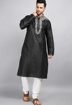Embroidered Dupion Silk Kurta Set in Black