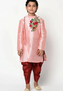 Embroidered Dupion Silk Kurta Set in Peach