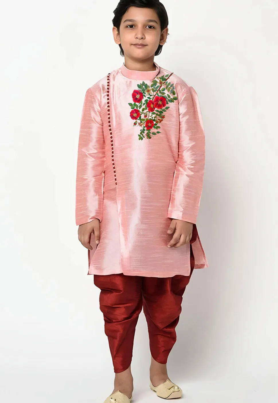 Embroidered Dupion Silk Kurta Set in Peach