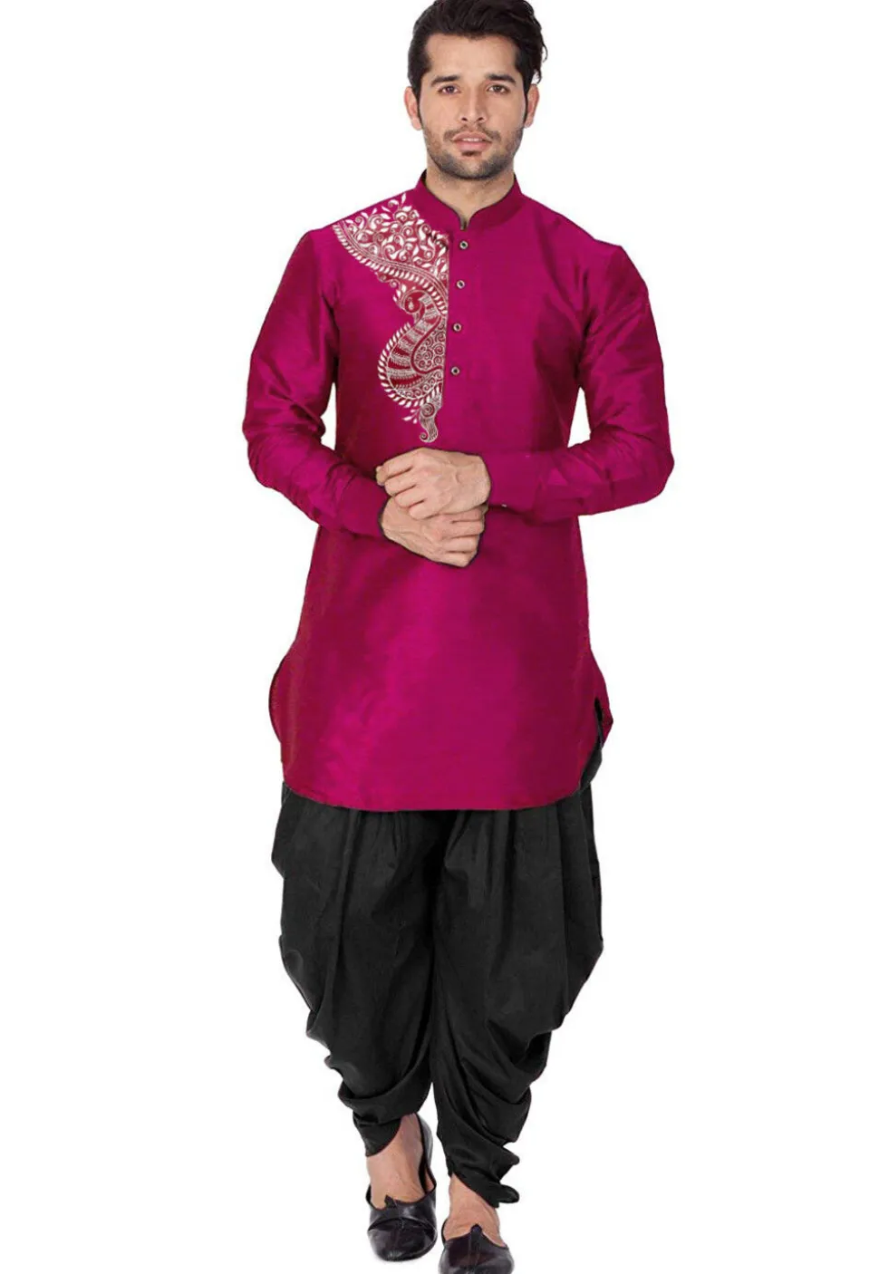 Embroidered Dupion Silk Kurta Set in Magenta